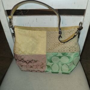Coach Yellow, Pink, and Green Patchwork Shoulder Bag